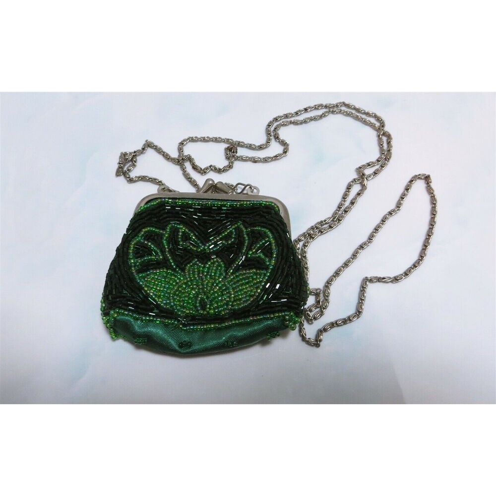 Vintage Green Beaded Floral Purse With Silver Plated Chain Strap